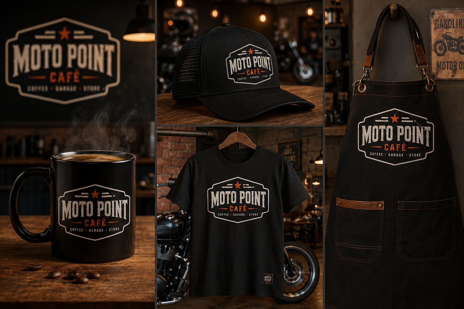 Aplicações da marca Moto Point Café em caneca, boné, camisa e avental